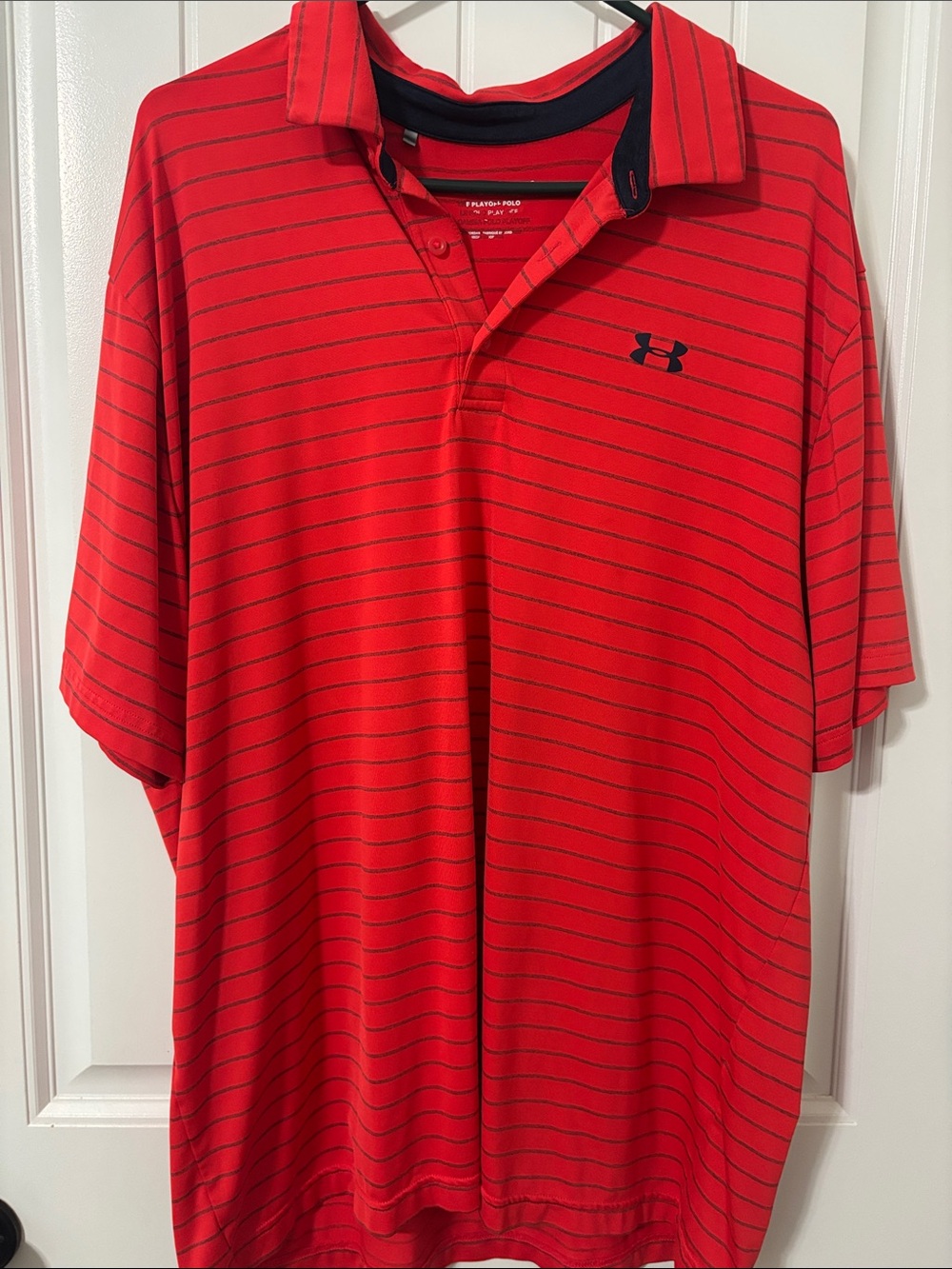 Under Armour Men’s Red Polo with Thin Black Stripes